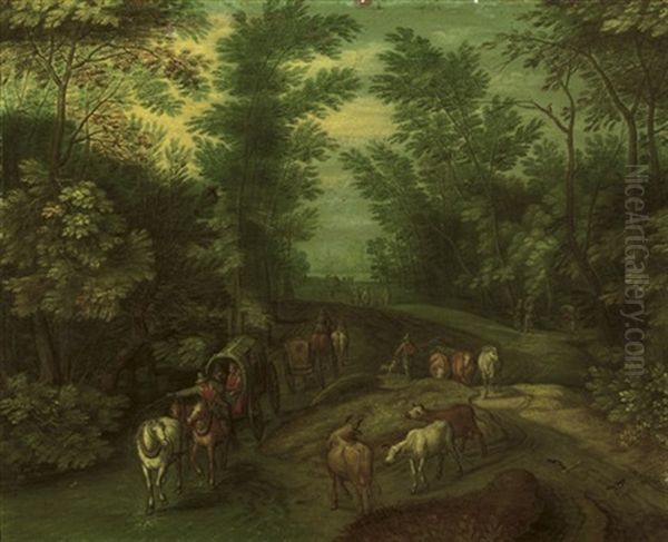 A Wooded Landscape With Travellers In A Horse-drawn Carriage And A Cowherd With His Cattle On A Track Oil Painting by Jan Brueghel the Elder