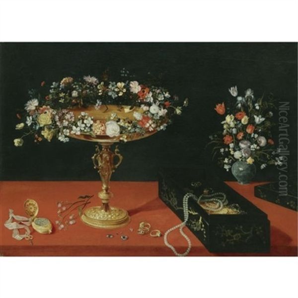 Still Life With A Garland Of Flowers On A Gold Tazza, A Box Of Jewellery, A Gold Pocket Watch And A Vase Of Flowers, All Arranged On A Table Draped In Red Oil Painting by Jan Brueghel the Elder