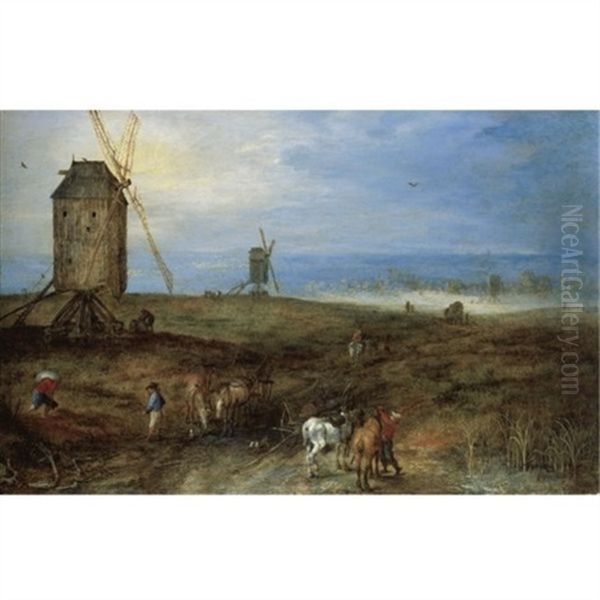 An Open Landscape With Travellers Before A Windmill Oil Painting by Jan Brueghel the Elder