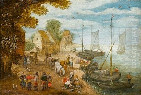 A Riverside Village With Fishermen And Their Catch And Figures Loading Barges Oil Painting by Jan Brueghel the Elder