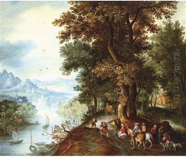 An Extensive Mountainous River Landscape With Horsemen And Figures Returning From The Falconry, Villages In The Valley Beyond Oil Painting by Jan Brueghel the Elder