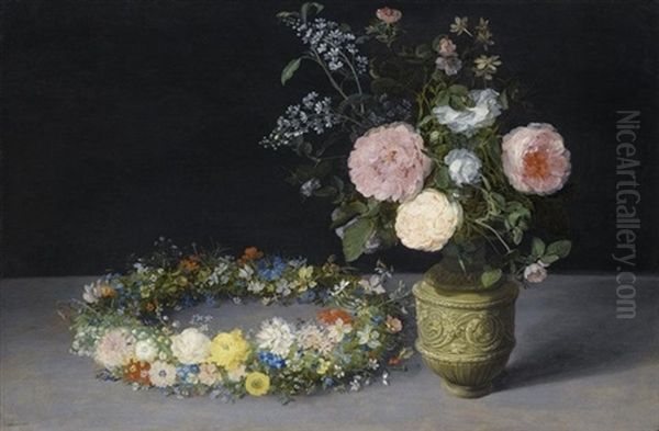 A Still Life Of Roses And Sprays Of Lilac In An Ornamental Stoneware Vase, With A Wreath Of Roses, Forget-me-nots, Jasmine, Cyclamen And Other Flowers Resting Nearby, All On A Table-top Oil Painting by Jan Brueghel the Elder