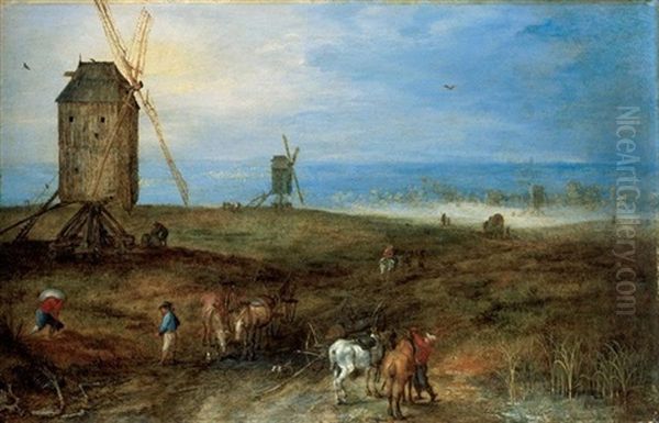 An Open Landscape With Travellers Before A Windmill Oil Painting by Jan Brueghel the Elder