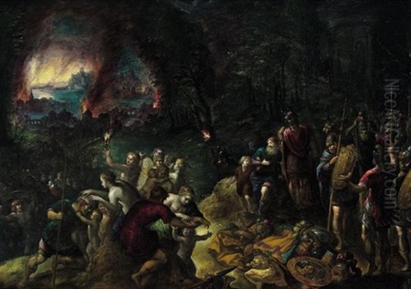 Die Flucht Des Aeneas Mit Seinem Vater Anchises Und Dem Sohn Ascanius Aus Dem Brennenden Troja Oil Painting by Jan Brueghel the Elder