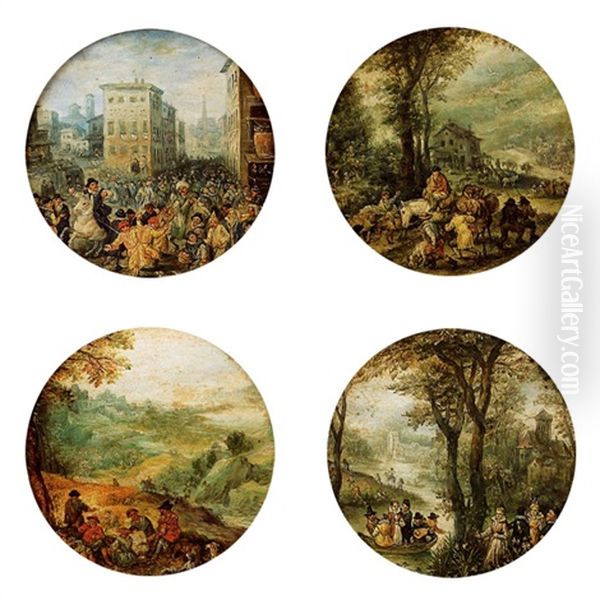 Die Vier Jahreszeiten (romischer Karneval, Belebte Landstrasse Mit Wirtshaus, Die Ernte, Fluslandschaft Mit Vornehmer Gesellschaft Im Boot) Oil Painting by Jan Brueghel the Elder