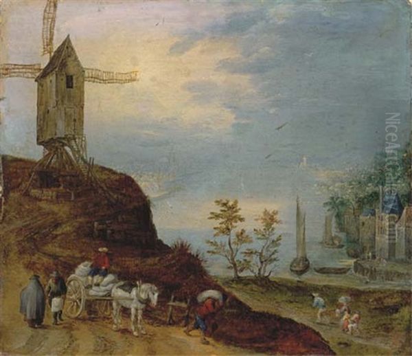 An Extensive River Landscape With A Windmill And Travellers On A Path Oil Painting by Jan Brueghel the Elder