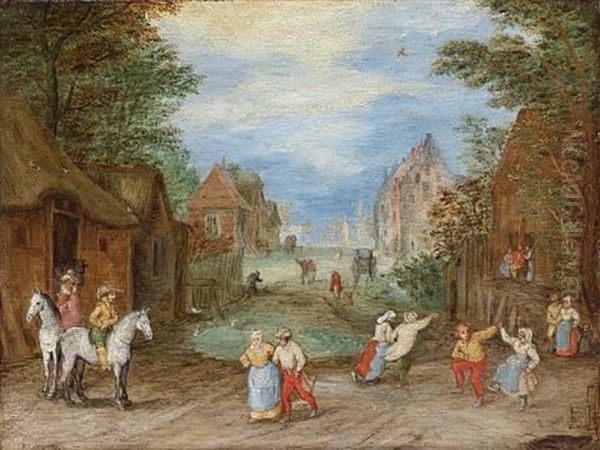 A Village Street With Peasants Dancing And Horsemen Looking On Oil Painting by Jan Brueghel the Elder