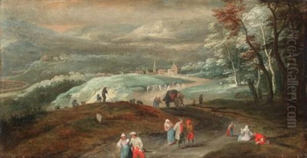 Mountainous Landscape With Figures And Wagoners On A Track And More Figures Dancing Beyond, A Village In The Distance Oil Painting by Jan Brueghel the Elder