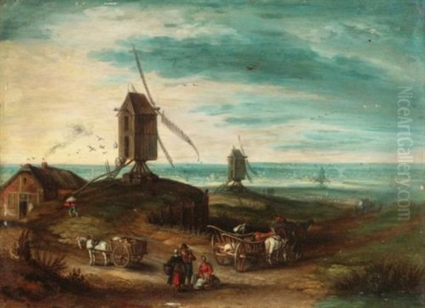 A Landscape With Windmills And Travellers Oil Painting by Jan Brueghel the Elder