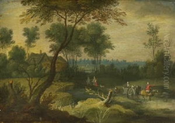 Dorflandschaft Mit Ziehenden Bauern Und Pferdefuhrwerk In Der Furt Oil Painting by Jan Brueghel the Elder