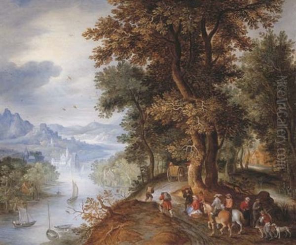 An Extensive Mountainous River Landscape With Horsemen And Figures Returning From The Falconry, Villages In The Valley Beyond Oil Painting by Jan Brueghel the Elder