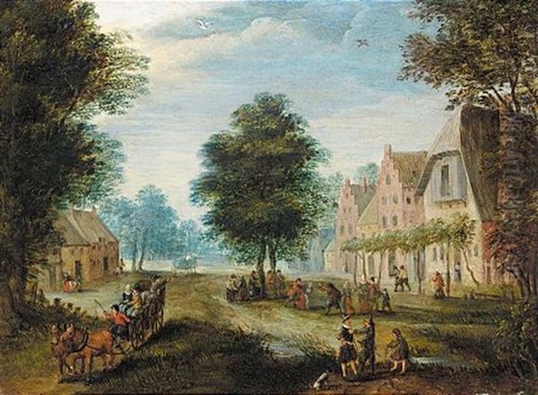 Village Scene With Figures Conversing In The Foreground, And Figures Dancing Beyond Oil Painting by Jan Brueghel the Elder