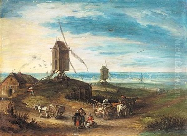 A Landscape With Windmills And Travellers Oil Painting by Jan Brueghel the Elder