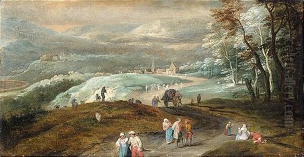 Mountainous Landscape With Figures And Wagoners On A Track And More Figures Dancing Beyond, A Village In The Distance Oil Painting by Jan Brueghel the Elder