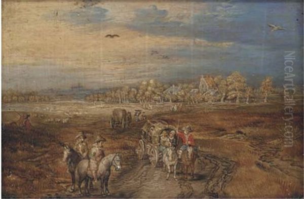 A Broad Landscape With Travellers And Wagons On A Path Oil Painting by Jan Brueghel the Elder