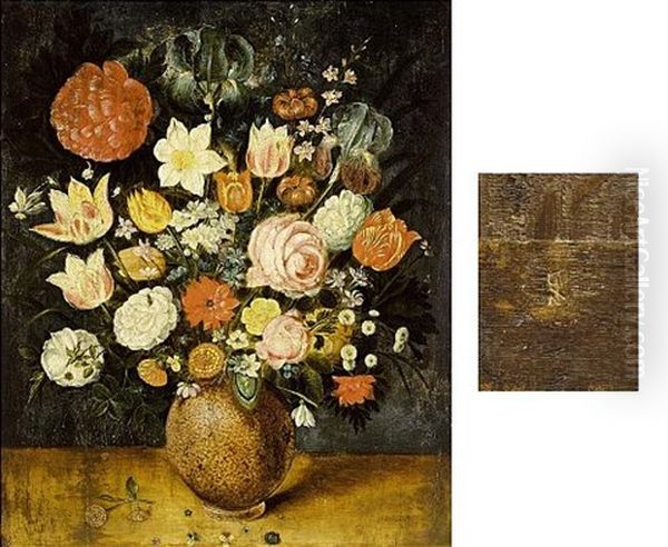 A Still Life With Roses, Tulips, Irises, A Daffodil, A Poppy Anemone, Marigolds, Red Turban Cup Lilies, Borage, Violets, Forget-me-nots And Other Flowers, All In A Stone Vase On A Wooden Ledge Oil Painting by Jan Brueghel the Elder