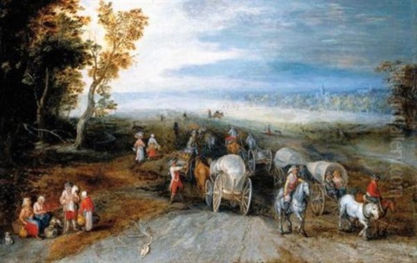 An Extensive Wooded Landscape With Wagons, Carts, Horsemen And Travellers On A Path by Jan Brueghel the Elder