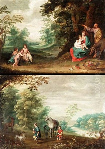 Landscape With The Rest On Flight Into Egypt (+ Landscape With Saint Hubert; Pair) Oil Painting by Jan Brueghel the Elder