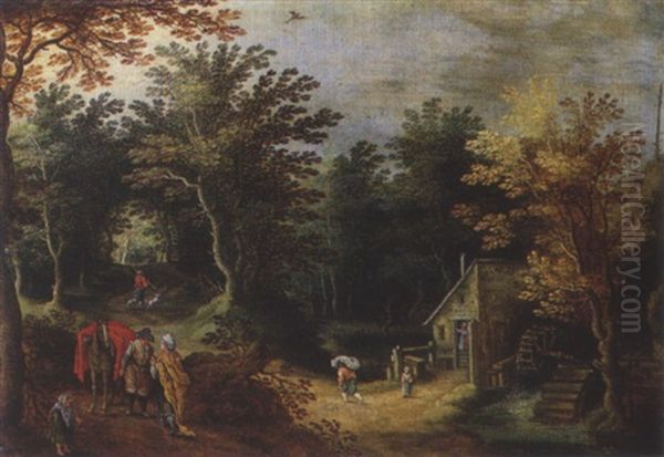 Bewaldete Landschaft Mit Wassermuhle Und Wanderern Oil Painting by Jan Brueghel the Elder