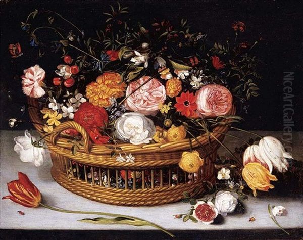 A Basket Of Tulips, Carnations, Roses And Other Flowers Resting On A Stone Ledge Oil Painting by Jan Brueghel the Elder