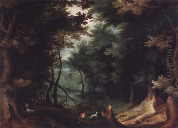 A Wooded Landscape With Hunters And Their Dogs Oil Painting by Jan Brueghel the Elder