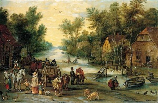 A Wooded River Landscape With Elegant Figures Buying Provender Oil Painting by Jan Brueghel the Elder