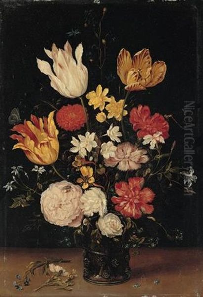 A Still Life Of Tulips, Roses, Carnations And Other Flowers In A Glass Vase Oil Painting by Jan Brueghel the Elder