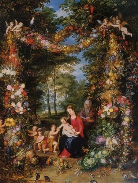 The Virgin And Child With The Infant Saint John The Baptist, Saint Anne And Angels Surrounded By A Garland Of Flowers And Fruit Oil Painting by Jan Brueghel the Elder