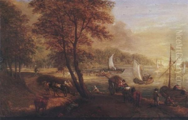 A River Landscape With Travellers On A Path, Shipping Beyond Oil Painting by Jan Brueghel the Elder