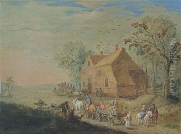 A Landscape With Travellers In Carts Near An Inn Oil Painting by Jan Brueghel the Elder