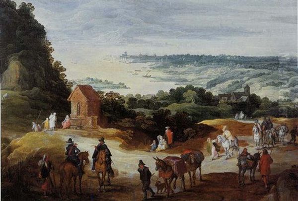 An Extensive River Landscape With Travellers On A Path Oil Painting by Jan Brueghel the Elder