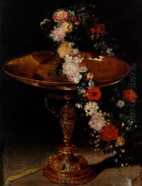 A Swag Of Flowers Decorating A Silver-gilt Tazza Oil Painting by Jan Brueghel the Elder