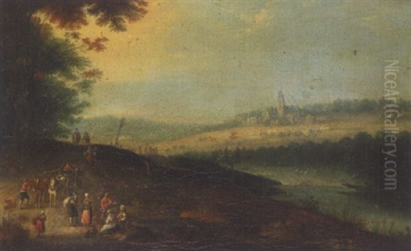 A River Landscape With Waggoners Beside A Road, A Church Beyond Oil Painting by Jan Brueghel the Elder