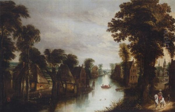 A Village By A River With A Gentleman On Horseback On A Track Oil Painting by Jan Brueghel the Elder