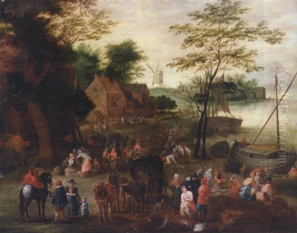 A River Landscape With A Fish Market Oil Painting by Jan Brueghel the Elder