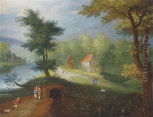 A Wooded River Landscape With Figures Before A Bridge And Houses Beyond Oil Painting by Jan Brueghel the Elder