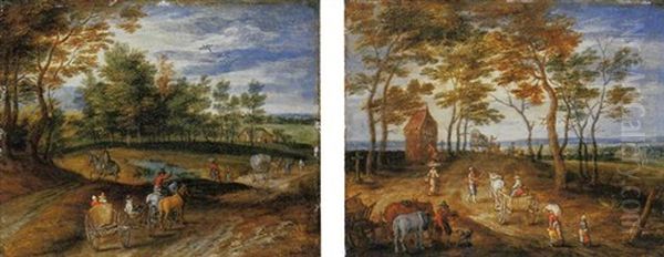 Rural Landscape With Peasants In A Horse-drawn Carriage On A Track Oil Painting by Jan Brueghel the Elder