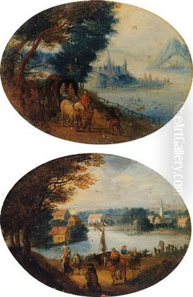 River Landscape With Travellers, A View Of A Town Beyond Oil Painting by Jan Brueghel the Elder