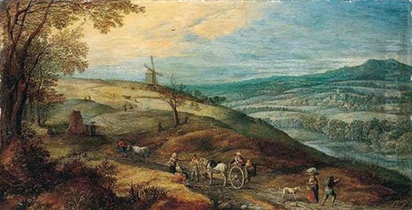 A Landscape With Peasants Resting Beside A Road, With A Windmill Beyond Oil Painting by Jan Brueghel the Elder