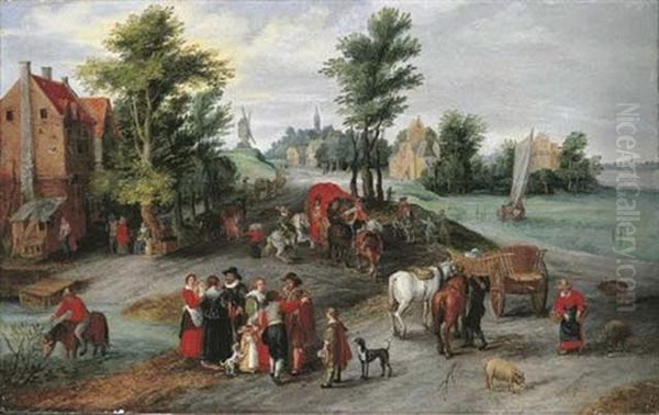 A Village Landscape With Wagons On A Track By A River, An Elegant Family In The Foreground, A Peasant Watering His Horse Oil Painting by Jan Brueghel the Elder