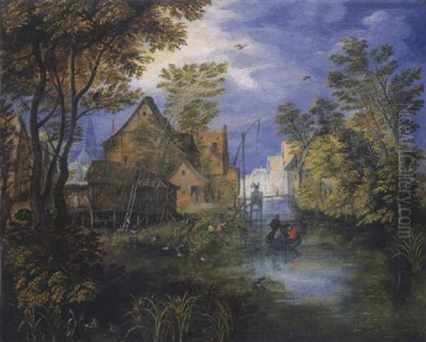 Une Riviere Traversant Un Village Avec Des Paysans Sur Une Barque Oil Painting by Jan Brueghel the Elder