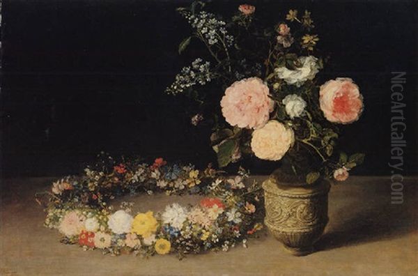 A Still Life Of Roses And Sprays Of Lilac In An Ornamental Stoneware Vase, With A Wreath Of Roses And Other Flowers Oil Painting by Jan Brueghel the Elder