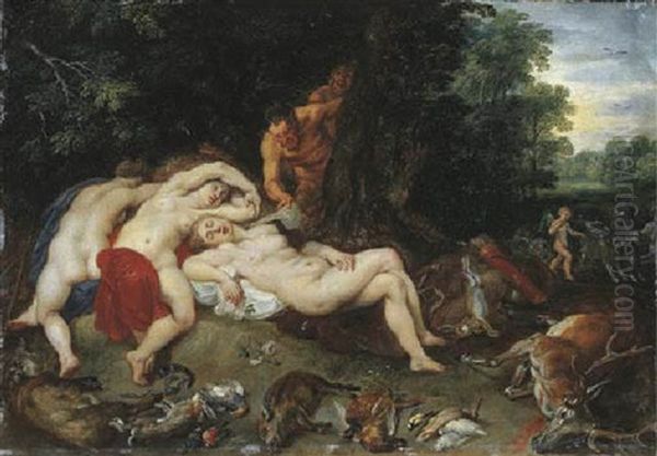 A Wooded Landscape With A Satyr Spying On Sleeping Nymphs Oil Painting by Jan Brueghel the Elder