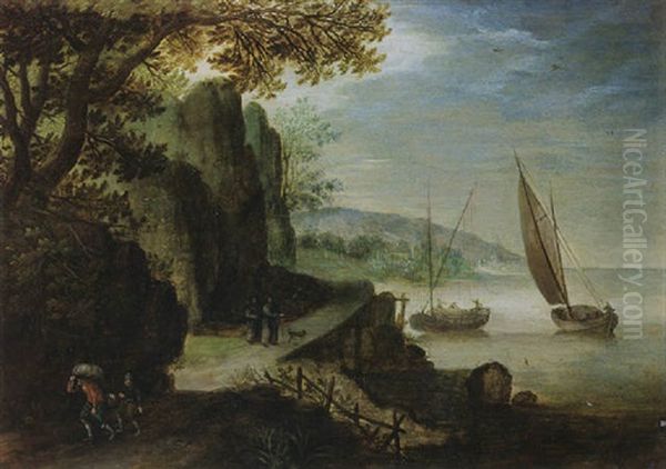 A River Landscape With Travellers On A Path And Two Monks With A Dog In The Background, Sailing Vessels Near Coast Oil Painting by Jan Brueghel the Elder