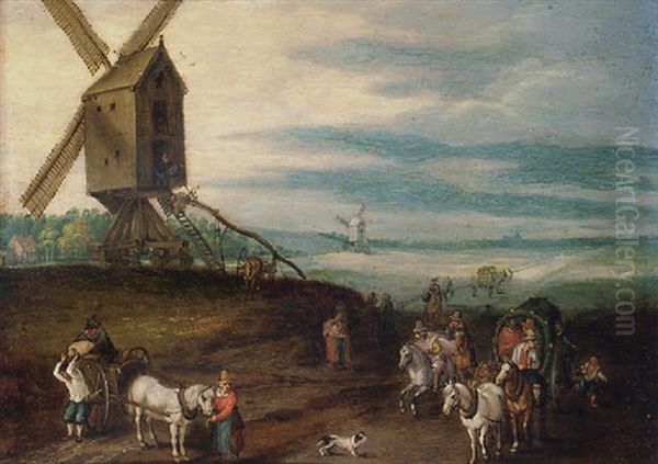 A Broad Landscape With Travellers And Wagons On A Path By A Windmill by Jan Brueghel the Elder