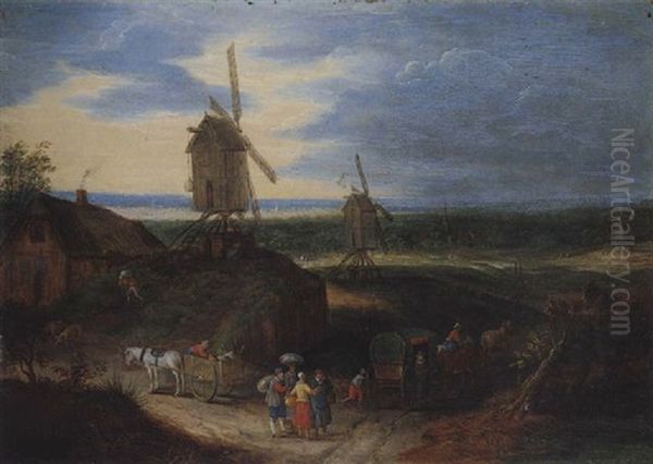 An Open Landscape With Travellers Conversing Before A Windmill Oil Painting by Jan Brueghel the Elder