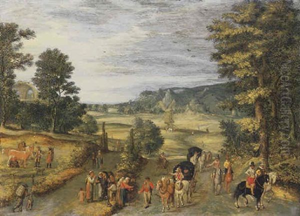 A Landscape With Travellers On A Country Road Oil Painting by Jan Brueghel the Elder