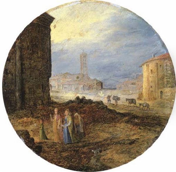 The Piazza Bocca Della Verita, Rome, With Elegant Ladies Before The Temple Of Fortuna Virilis, S. Maria In Cosmedin And The Temple Of Hercules Victor Beyond Oil Painting by Jan Brueghel the Elder