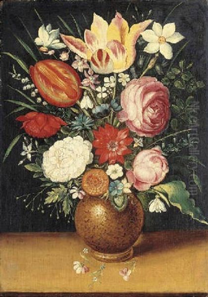 An Iris, Tulips, A Peony, And Other Flowers In A Vase With A Snail On A Ledge Oil Painting by Jan Brueghel the Elder