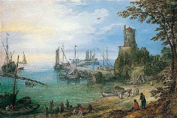 A Harbour Scene Overlooked By A Watchtower With Fishermen Unloading Their Catch Oil Painting by Jan Brueghel the Elder